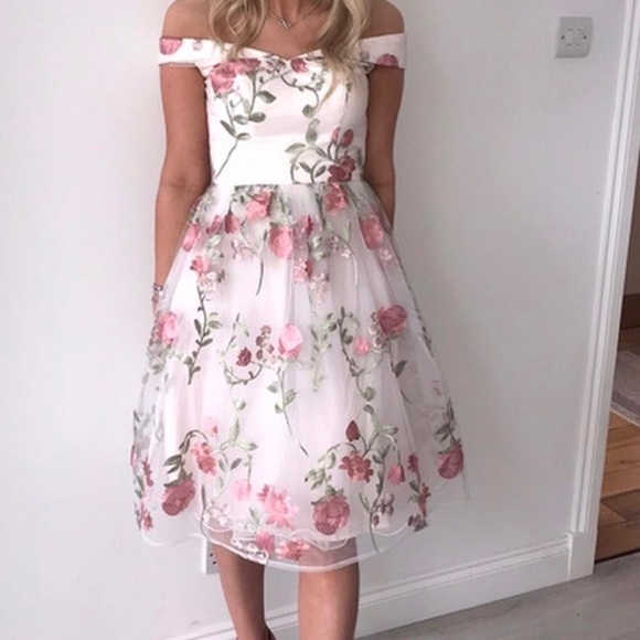 Chi Chi London Pink Bardot Lace Embroidered Overlay Midi Dress - Picture 4 of 8